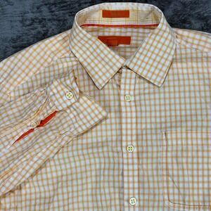 Egara Button Down Shirt Mens M Orange Slim Fit Micro‎ Check Long Sleeve Cotton
